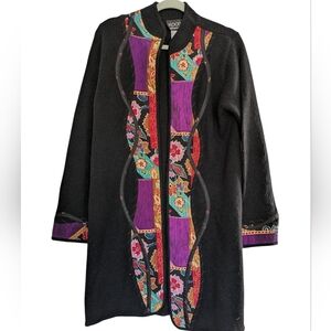 Vintage Koos of Course! Black Wool Silk Blend Open-Front Sweater Applique Size S